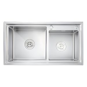 CHẬU RỬA BÁT HANDMADE 2 HỐ LỆCH GIẬT CẤP PURABATH PURA-8245L-GC